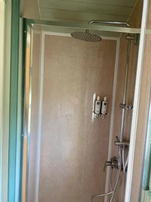 a shower in a bathroom with a shower at Sunset Snug Shepherd hut in Penrith