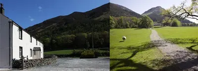 two pictures of a house and a sheep in a field at Sandhills Farm in Bassenthwaite