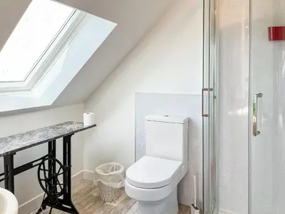 a bathroom with a toilet and a sink and a window at The Cheese Loft in Drummore