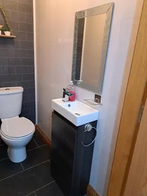 a bathroom with a toilet and a sink with a mirror at 2 Hares Den in Annan
