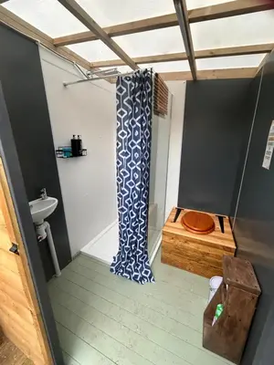 a bathroom with a shower curtain and a toilet at Bracken Barns Glamping & Massage in Minishant