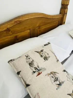 a bed with a pillow with cats on it at Lovely spacious home near station in Moffat