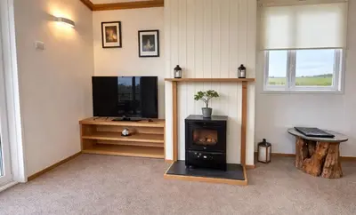 a living room with a fireplace and a television at Stunning Sea View - Farm Stay - Kilchoman 9 in Stranraer
