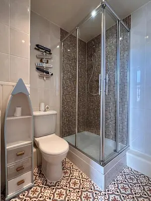 a bathroom with a toilet and a shower at Marina 2bedroom Beach Nearby Swansea City in Moffat