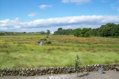 a field with a rock wall in a field at The Old Dairy in Lochfoot