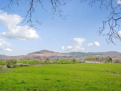a field of green grass with mountains in the background at The Shepherd's Rest in Auchencairn