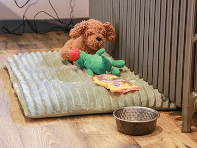 a teddy bear and a stuffed animal in a crib at Nithbank Cottage in Thornhill