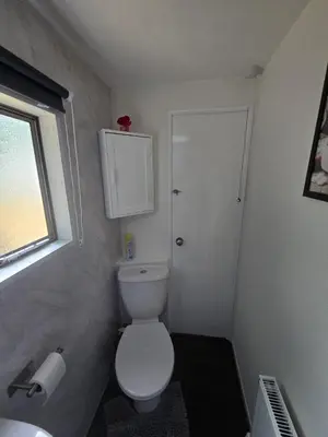 a small bathroom with a toilet and a window at Woodlands Retreat Holiday Home in Ballantrae
