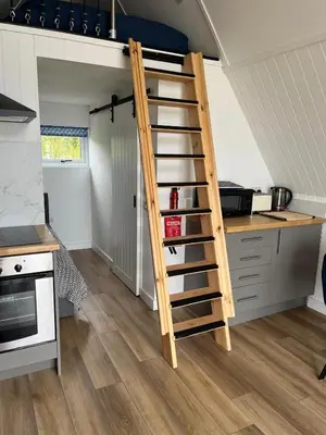 a ladder leading up to a loft bed in a kitchen at Tiny home on an organic croft, Isle of Arran in Kildonan