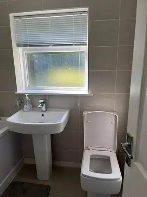 a bathroom with a sink and a toilet and a window at Lower Mill Apartment in Newmilns
