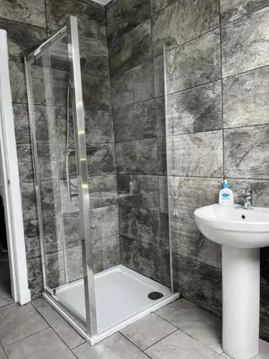 a bathroom with a shower and a sink at Upper Mill Apartment in Newmilns