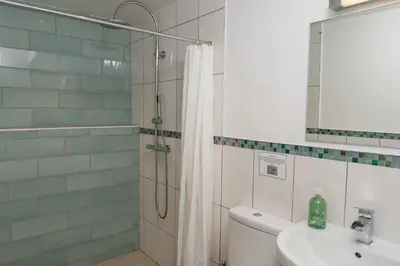 a bathroom with a shower and a toilet and a sink at Larroch Farmhouse in Monreith