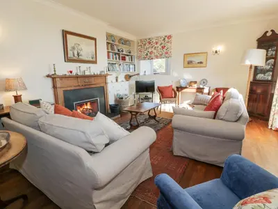 a living room with two couches and a fireplace at Claymoddie in Newton Stewart