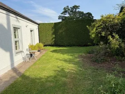 a yard with a green hedge next to a house at Burn Bungalow, Longtown ideal for stop overs when travelling, 5 minutes from the M6 in Longtown