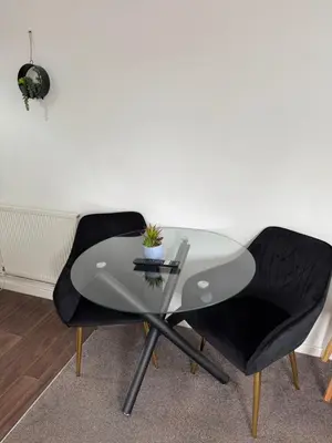 a glass table and chair with a plant on it at One bedroom studio in Moffat