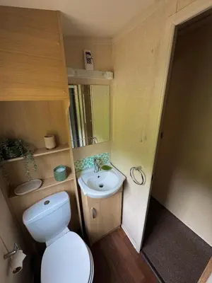 a small bathroom with a toilet and a sink at Moselle - 6 Squirrel View in Ballantrae