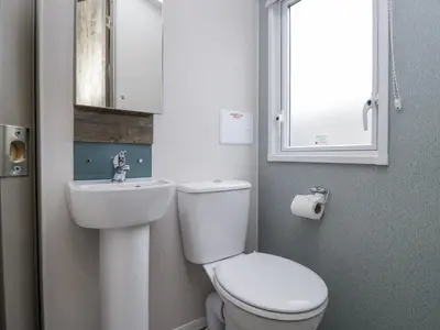a bathroom with a toilet and a sink and a mirror at Puffin in St Bees