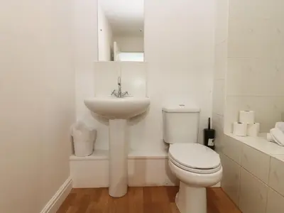 a white bathroom with a toilet and a sink at Curwen Apartment in Workington
