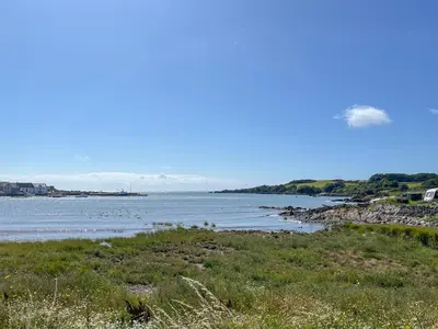 a view of a body of water with rocks and grass at 3 Laigh Isles in Kirkcudbright