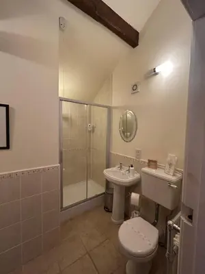 a bathroom with a shower and a toilet and a sink at Hollyside Lodge in Carlisle