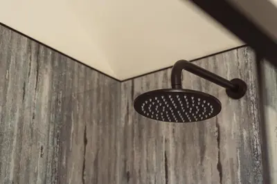 a shower head in a bathroom with a wooden wall at Swallow Barn at Greenclose Farm in Penrith
