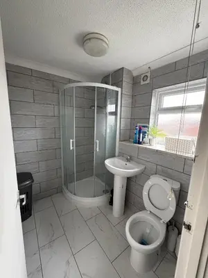a bathroom with a shower and a toilet and a sink at Honey House in Moffat