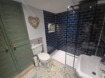 a bathroom with a toilet and a shower and a sink at Lakes Cottage Beckermet in Beckermet