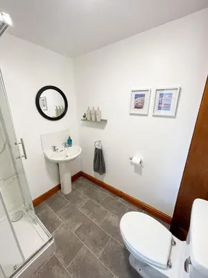 a bathroom with a toilet and a sink at Borders Retreat, Cosy 1 Bed Flat - 3miles from M6 Jct45 - near A75, Gretna & Carlisle in Longtown