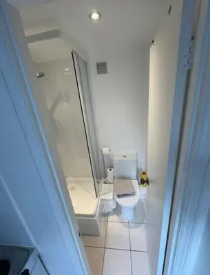 a white bathroom with a shower and a toilet at Central and Spacious first floor flat in Moffat