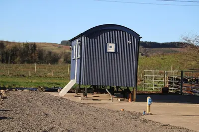 a smallshed sitting in a field next to a fence at Burnside of Ae Glamping Shepherd's Hut in Dumfries