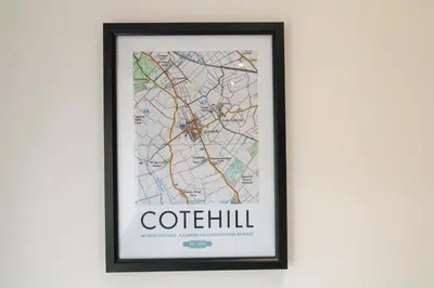 a framed print of a map of coffeehill at Myrtle Cottage, Cotehill in a small village location, perfect for a romantic break with hot tub in Cotehill