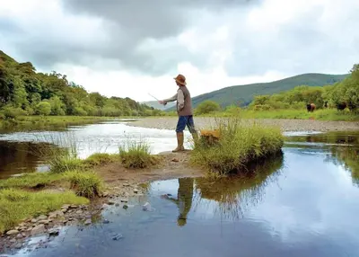 a man is standing on a river holding a fishing rod at Angecroft Park in Ettrick