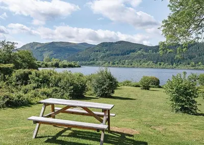 a picnic table sitting in the grass next to a lake at Bassenthwaite Lakeside Lodges in Bassenthwaite