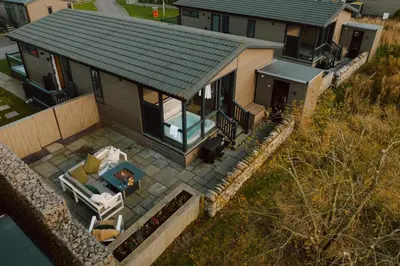 an aerial view of a house with a patio at Landal Ullswater Heights in Great Blencow