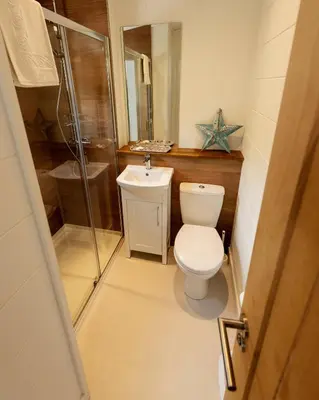 a bathroom with a toilet and a shower and a sink at Great Gable Riverside Luxury Lodge in Keswick