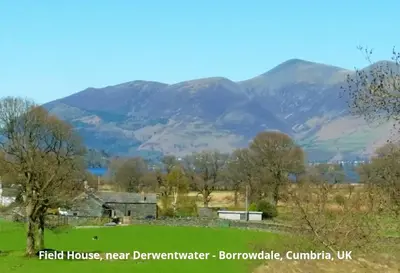 a green field with mountains in the background at Mountain Lodge, Lake View, National Park in Borrowdale Valley