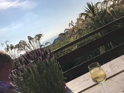 a woman sitting on a bench with a glass of wine at Amazing Sunsets and Sea Views - Lodge Cabin Farm Stay - Caol Ila - Lodge 8 in Stranraer