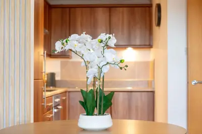 a vase filled with white flowers on a table at Old Prestwick Point - Donnini Apartments in Prestwick