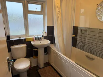 a bathroom with a toilet and a sink and a shower at Private Room in Berkhamsted high street in Moffat