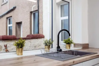 a kitchen sink with two potted plants and a window at Mid Street Retreat, Steps from the Beach, Whitehaven in Whitehaven