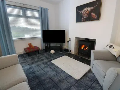 a living room with a television and a fireplace at Marchdyke Farm Cottage in Lockerbie