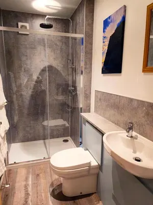 a bathroom with a shower and a toilet and a sink at The Wigtown Ploughman in Wigtown