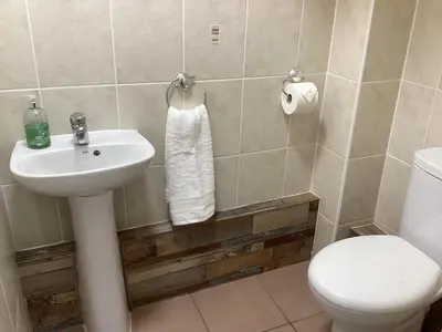 a bathroom with a white sink and a toilet at Seascape - a Luxury Retreat on the Sea in Moffat