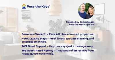 a flyer for a bedroom with a picture of two people at Seaside ParkView Near Lake District and Marina - Pass the Keys in Whitehaven