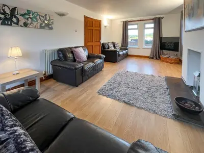 a living room with two leather couches and a fireplace at Graeme-An-Taoiseach Uk50061 in Stranraer