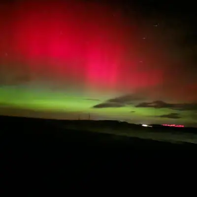 an aurora dances in the sky at night at Black Dub Cottage in Allonby