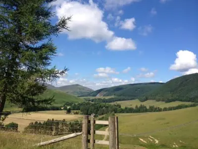 a fence in a green field with mountains in the background at Holiday Home Gehöft 2 by Interhome in Tweedsmuir