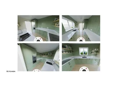 a series of four pictures of a kitchen with a staircase at Wordsworth Cottage in Keswick