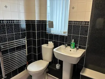 a bathroom with a toilet and a sink at 1-Bed Suburban Carlisle Terraced Home with Parking in Carlisle