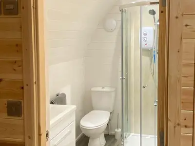 a bathroom with a toilet and a glass shower at The Eden Hideaway - Uk1554 in Rockcliffe